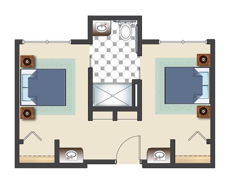 A symmetrical floor plan featuring two bedrooms with a shared bathroom in the center.