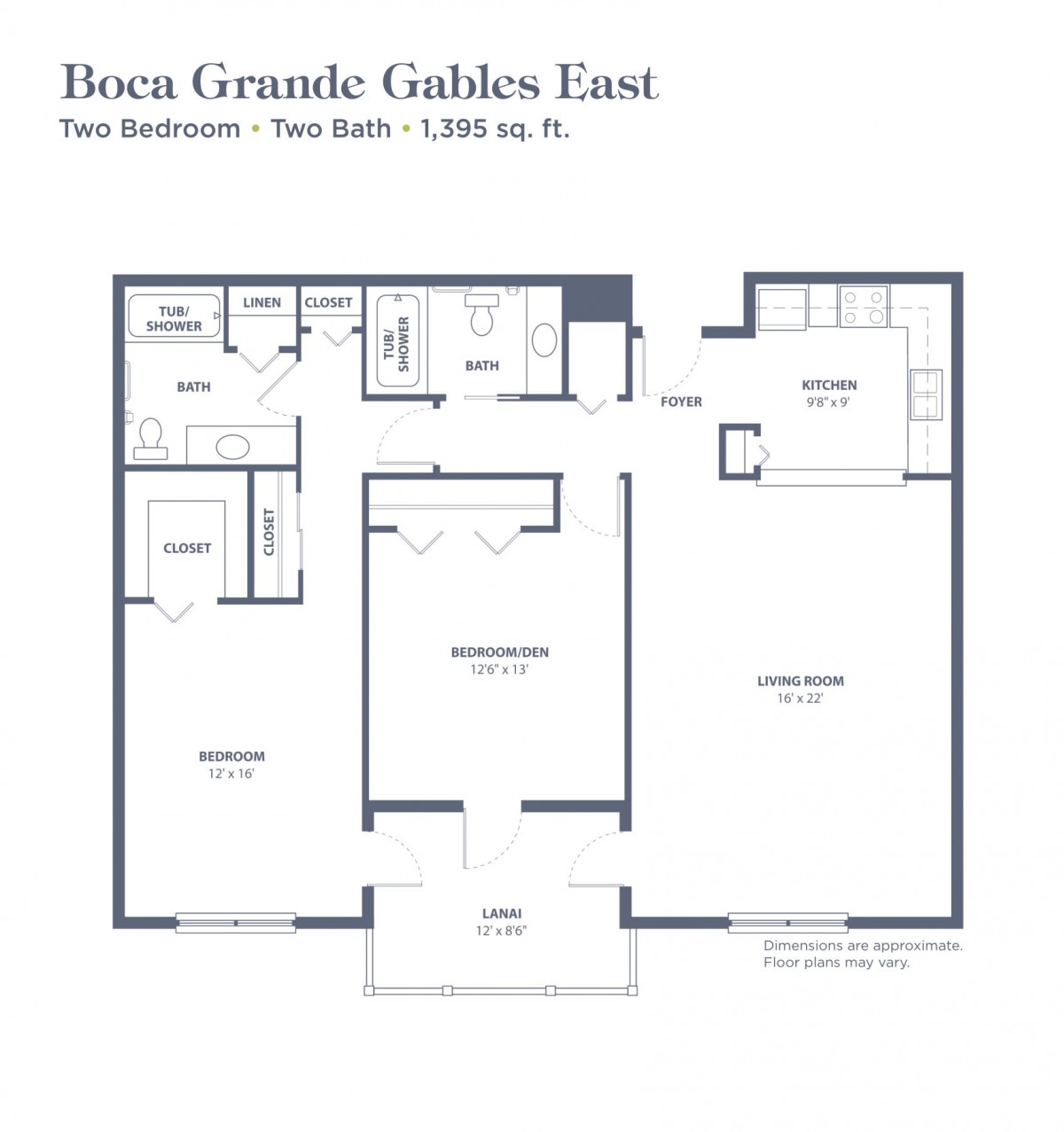 Floor plan of Boca Grande Condos East featuring two bedrooms and two bathrooms.