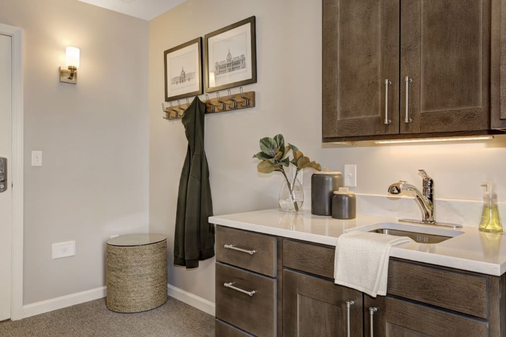 A cozy laundry room featuring modern cabinetry, a countertop with a sink, and decorative elements.
