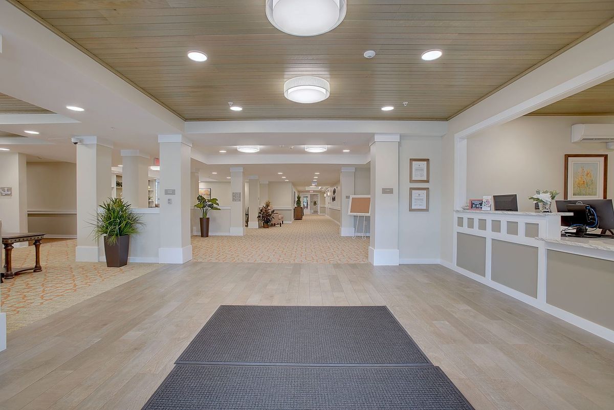 A spacious and modern lobby area with stylish decor and ample lighting.