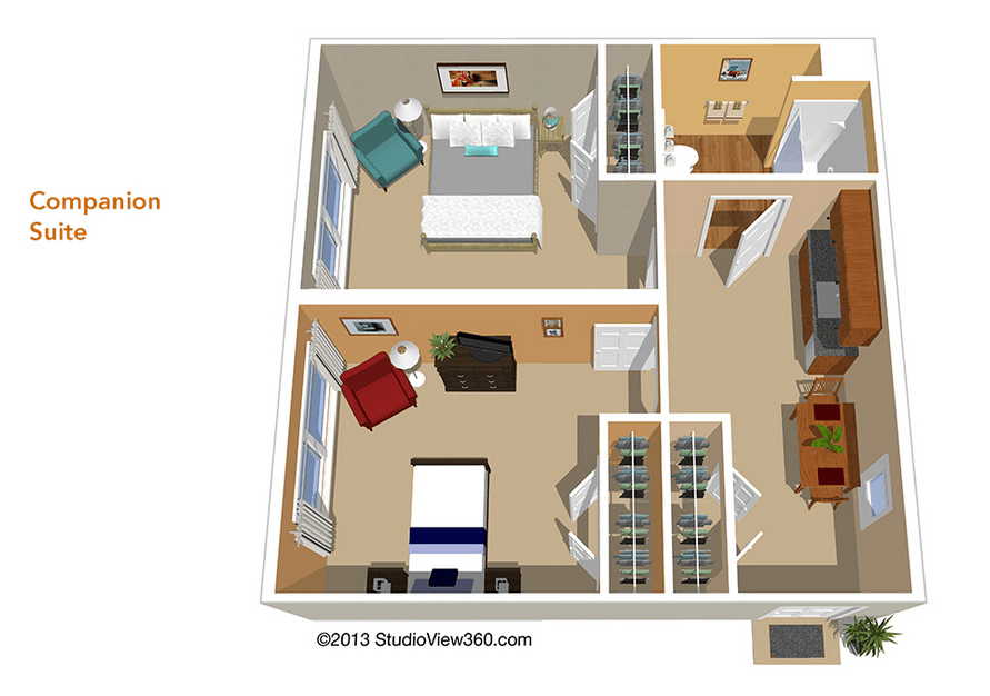 A 3D floor plan of a compact apartment featuring two bedrooms, a living area, and a kitchen.