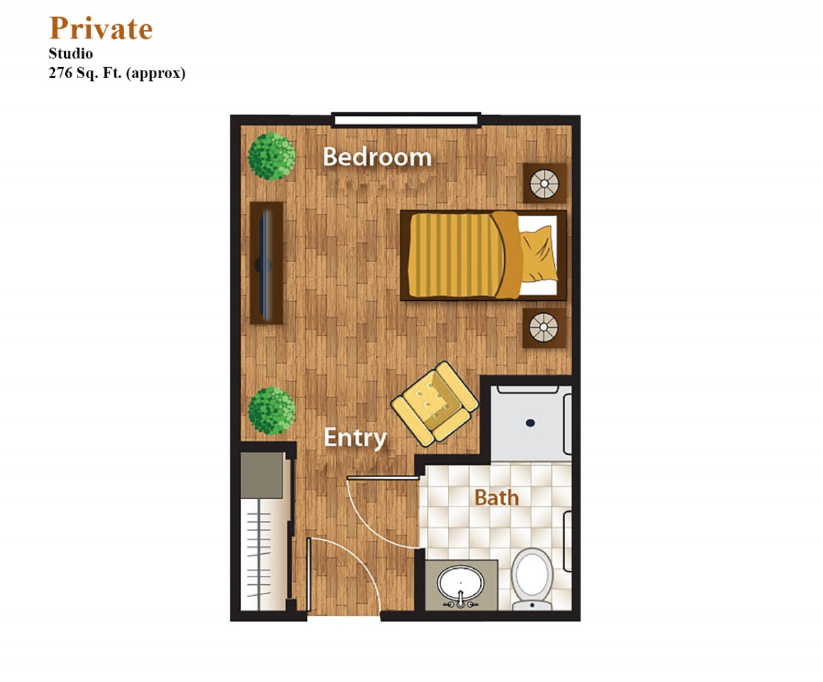 A simple floor plan depicting a bedroom with an entryway, bathroom, and furniture arrangement.