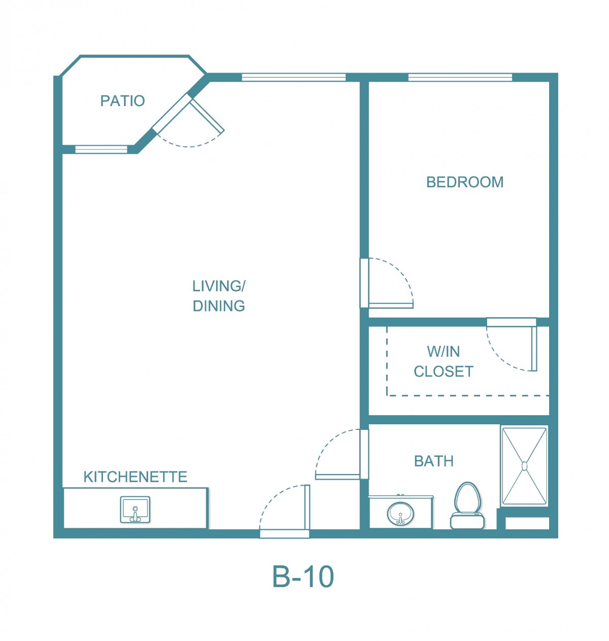 A blueprint of an apartment labeled B-10, showing a living/dining area, bedroom, kitchenette, bath, and closet.