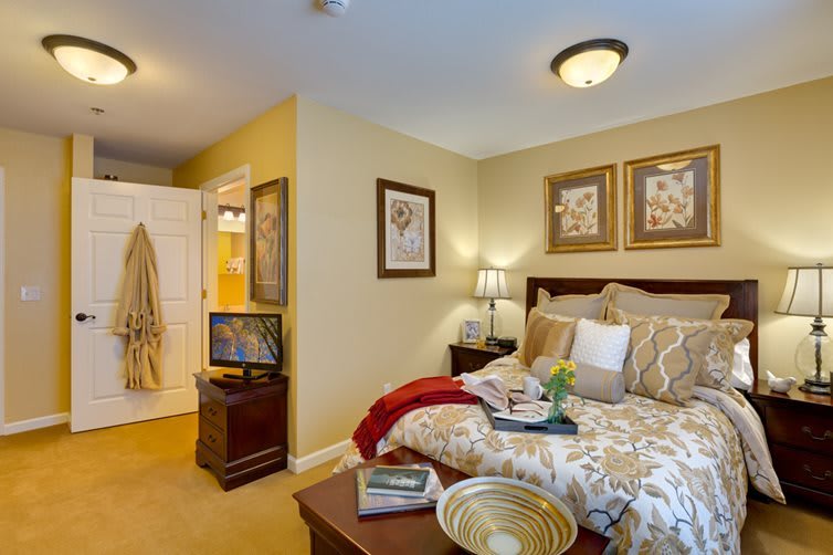 A cozy bedroom with elegant decor, featuring a comfortable bed, framed artwork, and soft lighting.