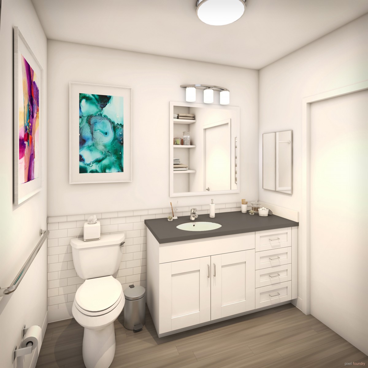 A modern bathroom with white cabinetry and colorful artwork on the walls.