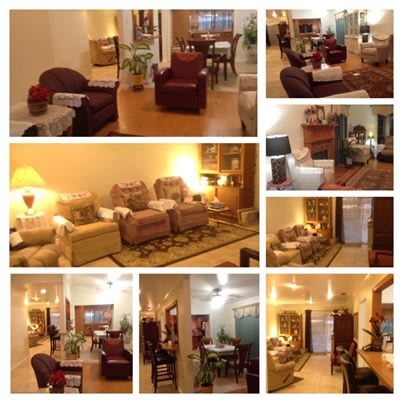 A cozy living space featuring a combination of seating areas, dining space, and warm lighting.