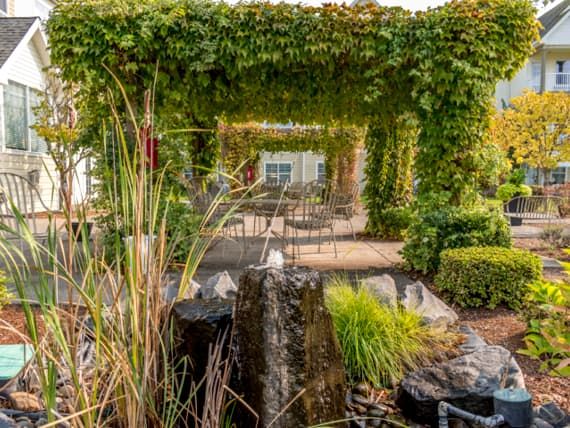 A serene garden with a lush pergola and a cascading water feature.