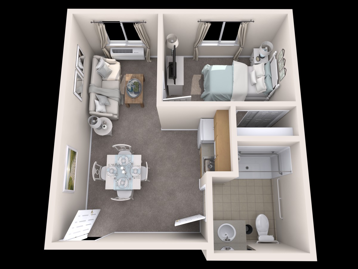 A 3D floor plan of a one-bedroom apartment with a living room, kitchen, dining area, and bathroom.