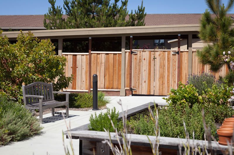 A serene outdoor space featuring a wooden fence, greenery, and a bench along a paved pathway.