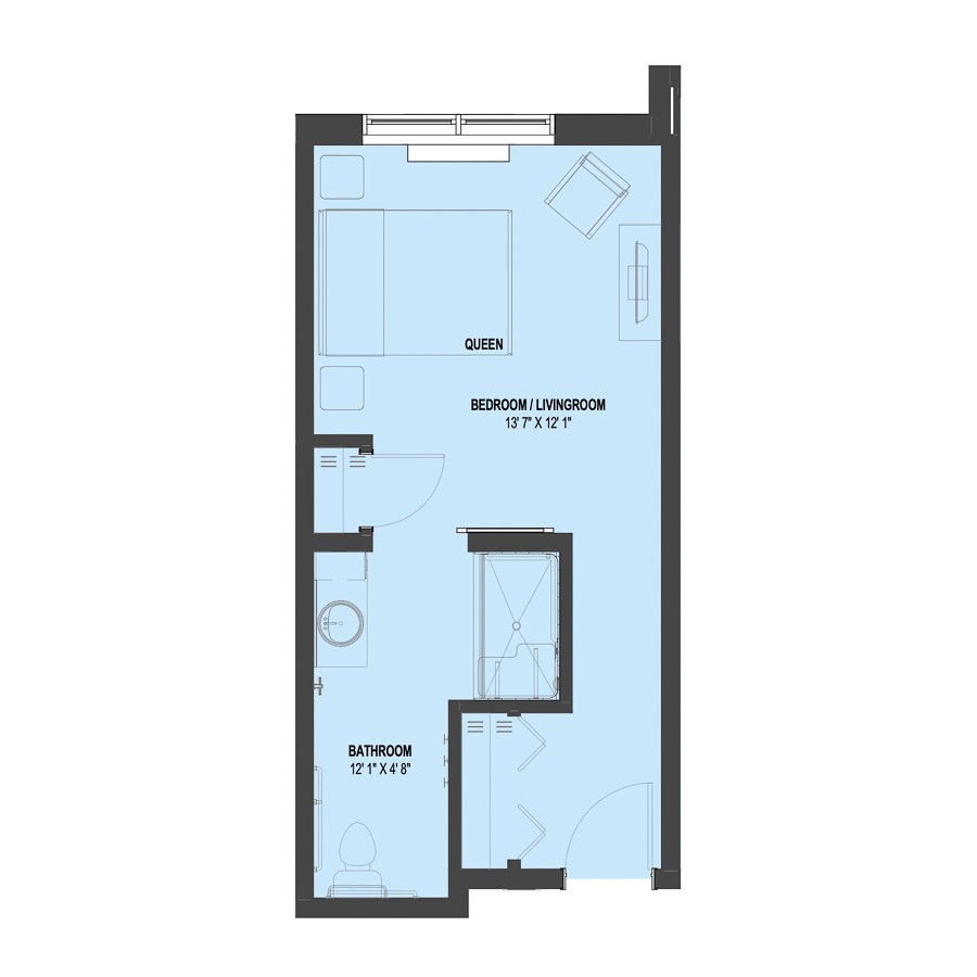 A floor plan of a studio apartment showing the layout and dimensions.