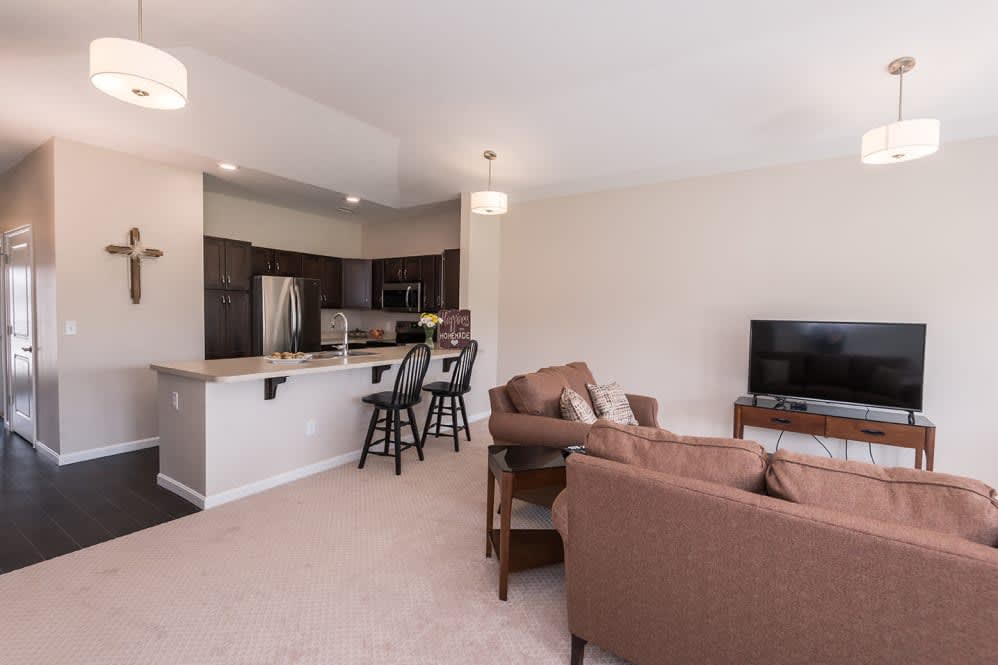 An open-concept living area with a cozy seating arrangement and adjacent kitchen.