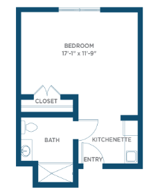 A simple floor plan of a studio apartment featuring a bedroom, bathroom, kitchenette, and closet.