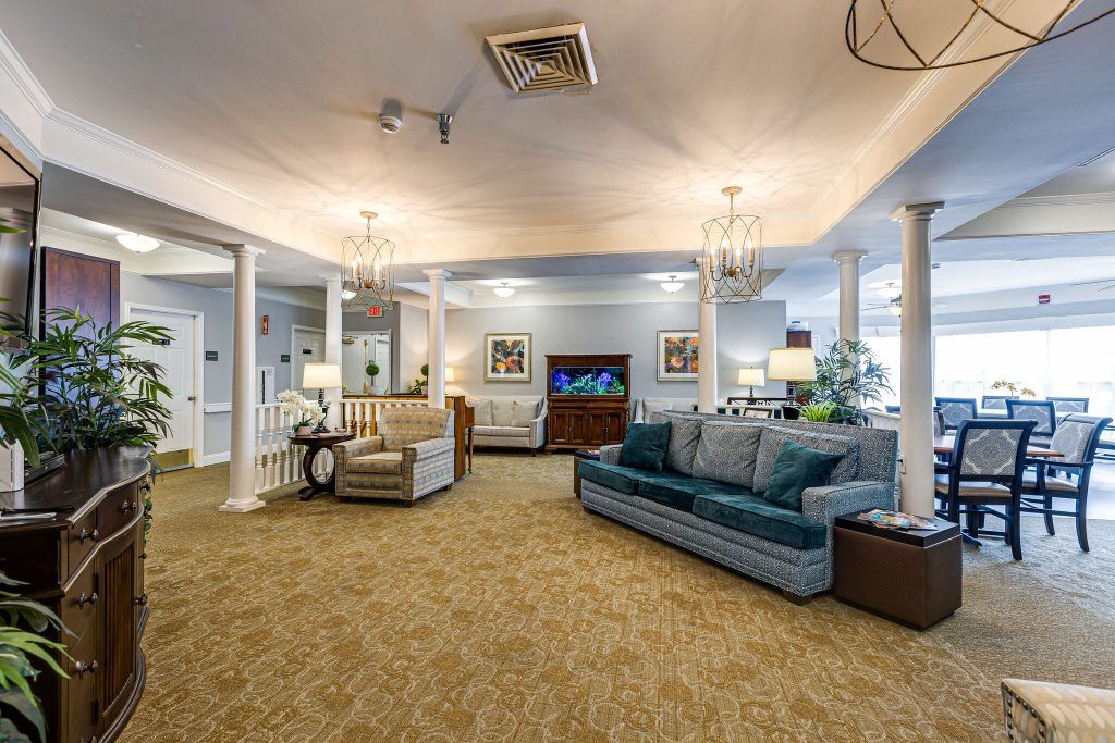 A comfortable and elegantly furnished living room with sofas, chairs, a television, and decorative lighting.