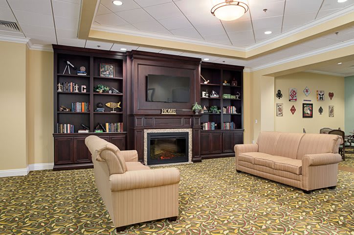 Cozy living room with a fireplace and built-in bookshelves.