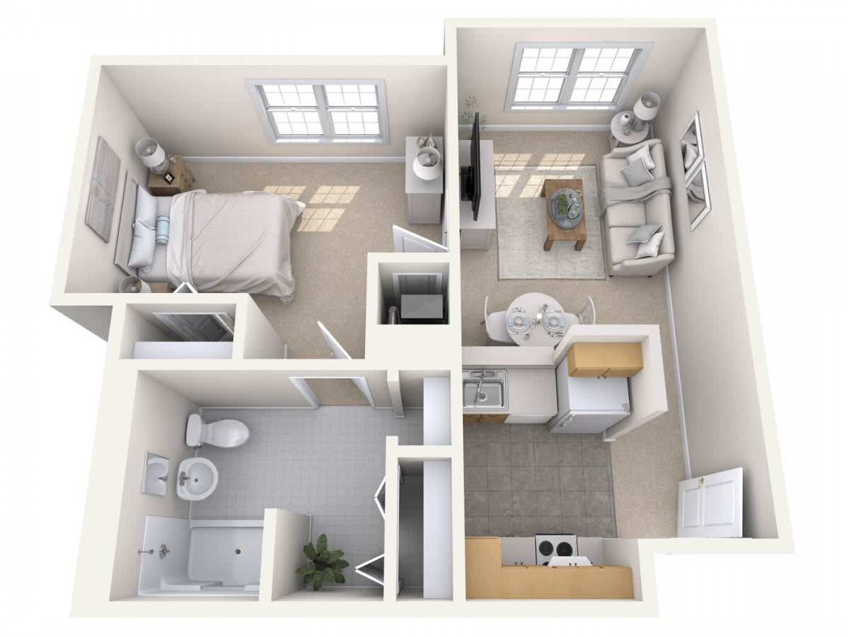 A 3D floor plan of a one-bedroom apartment, featuring a living room, kitchen, bathroom, and bedroom.