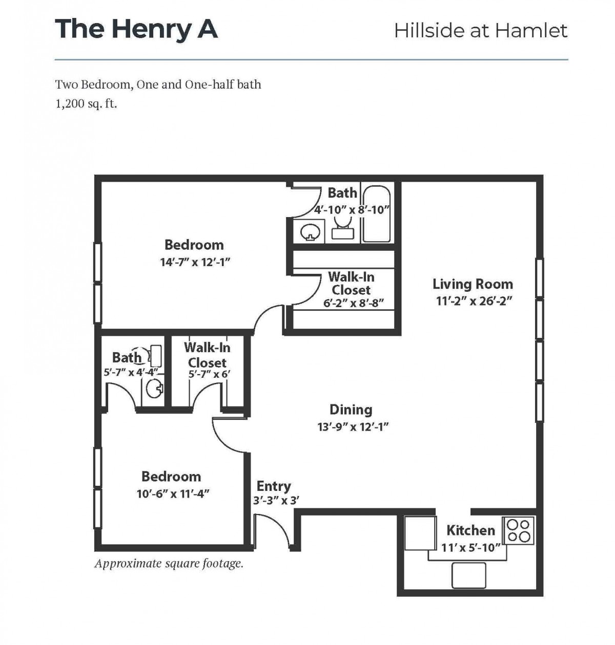Floor plan for 'The Henry A' two-bedroom apartment, featuring a living room, dining area, kitchen, and two bathrooms.