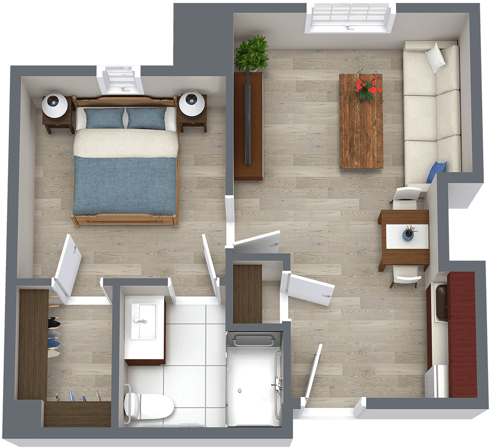 A small apartment floor plan featuring a bedroom, living room, and bathroom.
