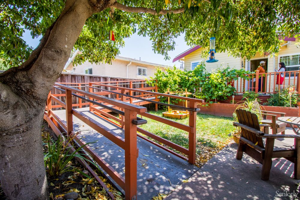 A sunny backyard features a wooden ramp leading through a garden with trees and a house in the background.