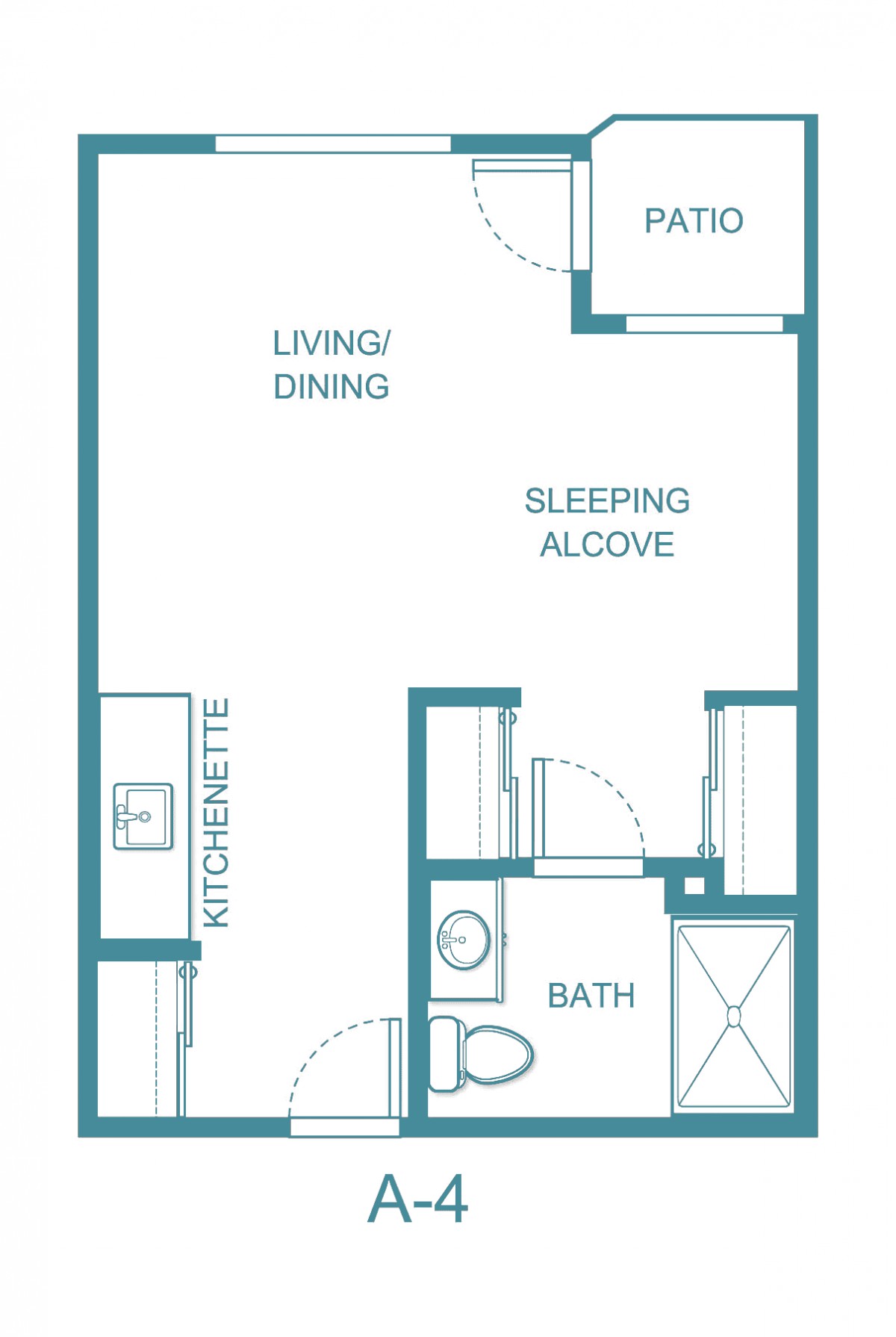 A floor plan of a studio apartment featuring a kitchenette, living/dining area, sleeping alcove, bathroom, and patio.