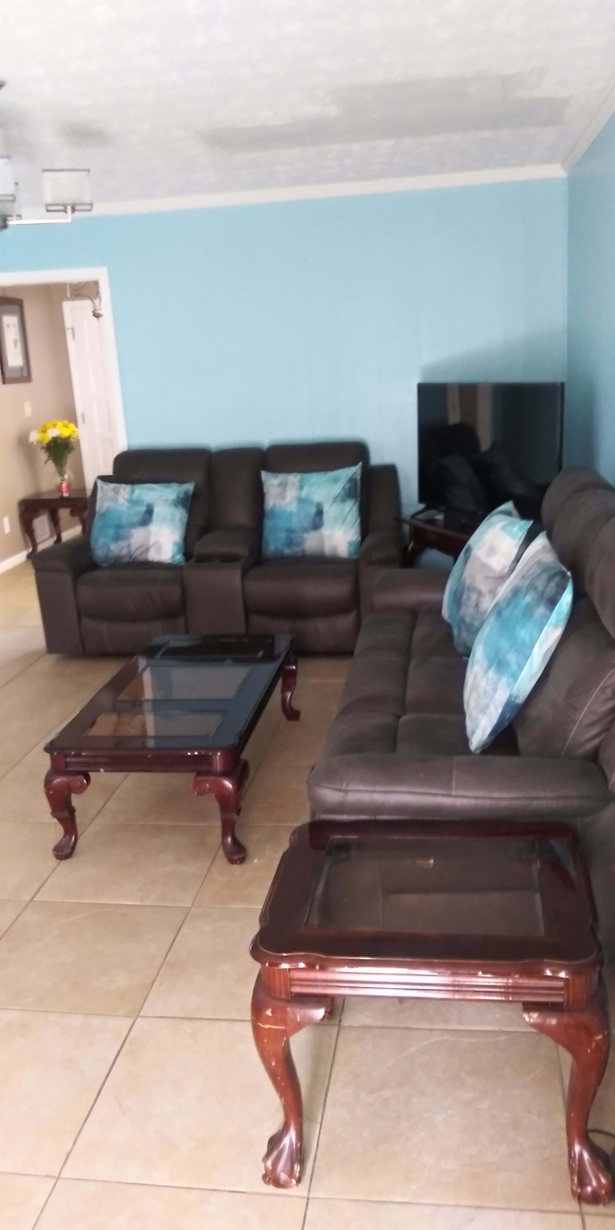 A cozy living room with leather sofas, a coffee table, and decorative throw pillows.
