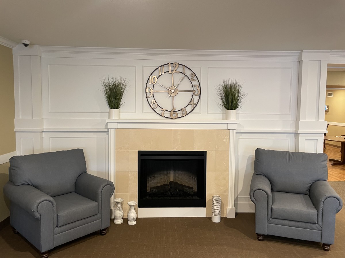 A cozy living room with a central fireplace, flanked by two gray armchairs and adorned with decorative plants and a wall clock.