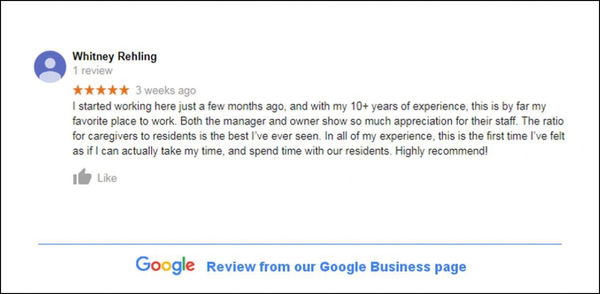 A positive Google Business review highlighting appreciation for management and work environment.