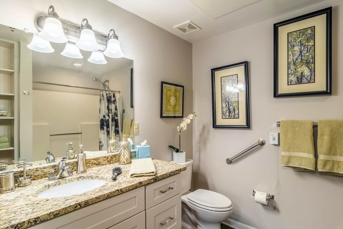 A well-lit bathroom with a granite countertop, sink, and decorative wall art.