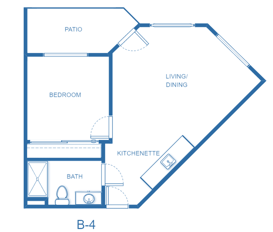 Studio apartment floor plan with living/dining area, kitchenette, bedroom, bathroom, and patio.