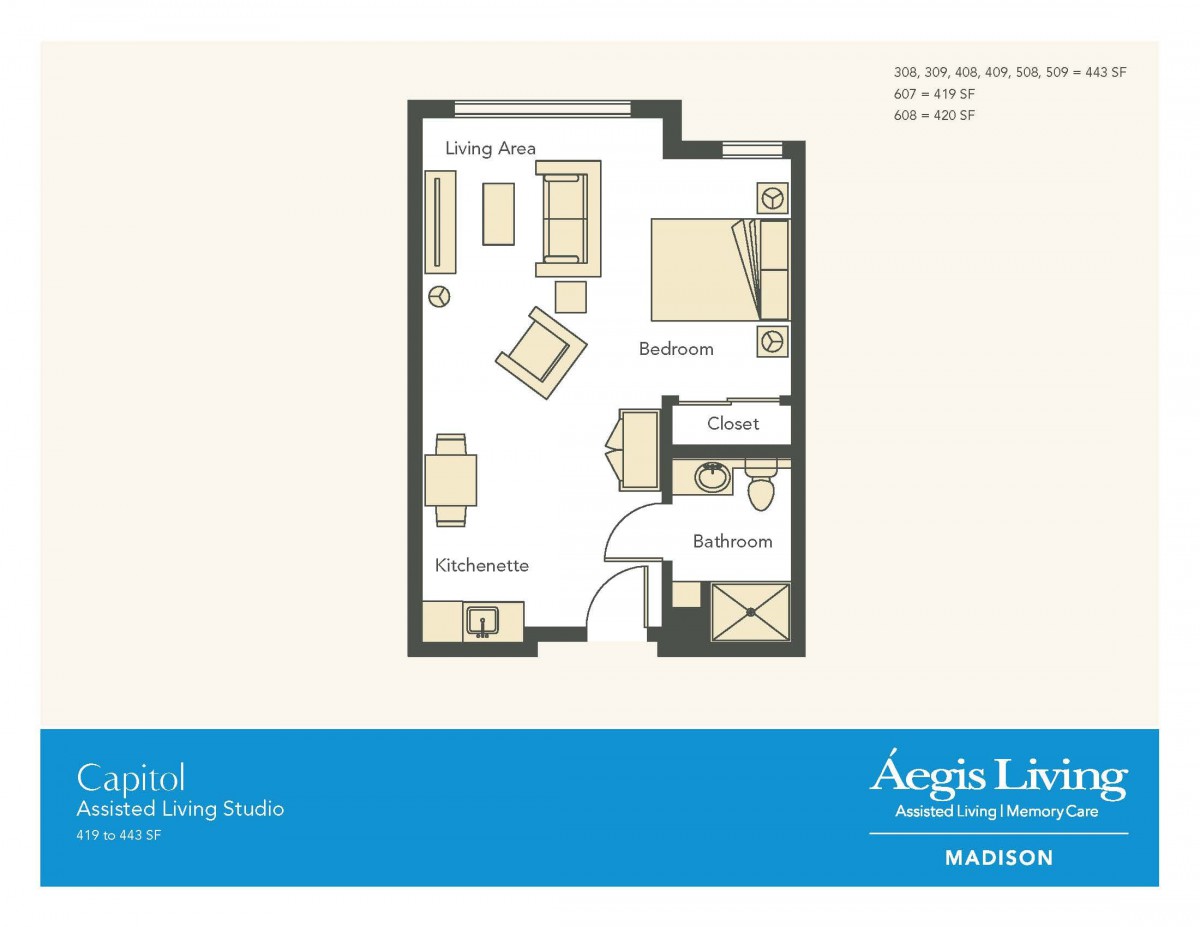 Floor plan of a studio apartment at Aegis Living, showcasing the layout of living, sleeping, and dining areas.