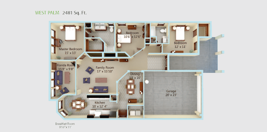 A detailed floor plan of a house with three bedrooms and a garage.
