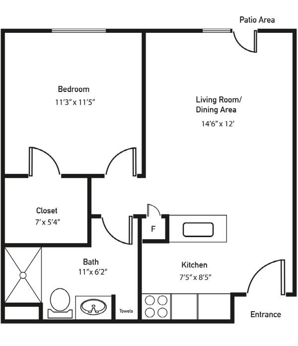 Floor plan of a one-bedroom apartment with a kitchen, bathroom, and combined living/dining area.