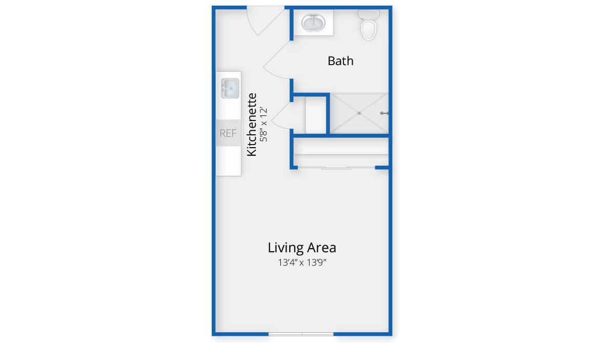 Studio apartment floor plan with kitchen, bath, and living area.