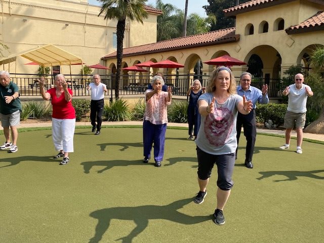 A group of elderly individuals engaging in outdoor exercise.