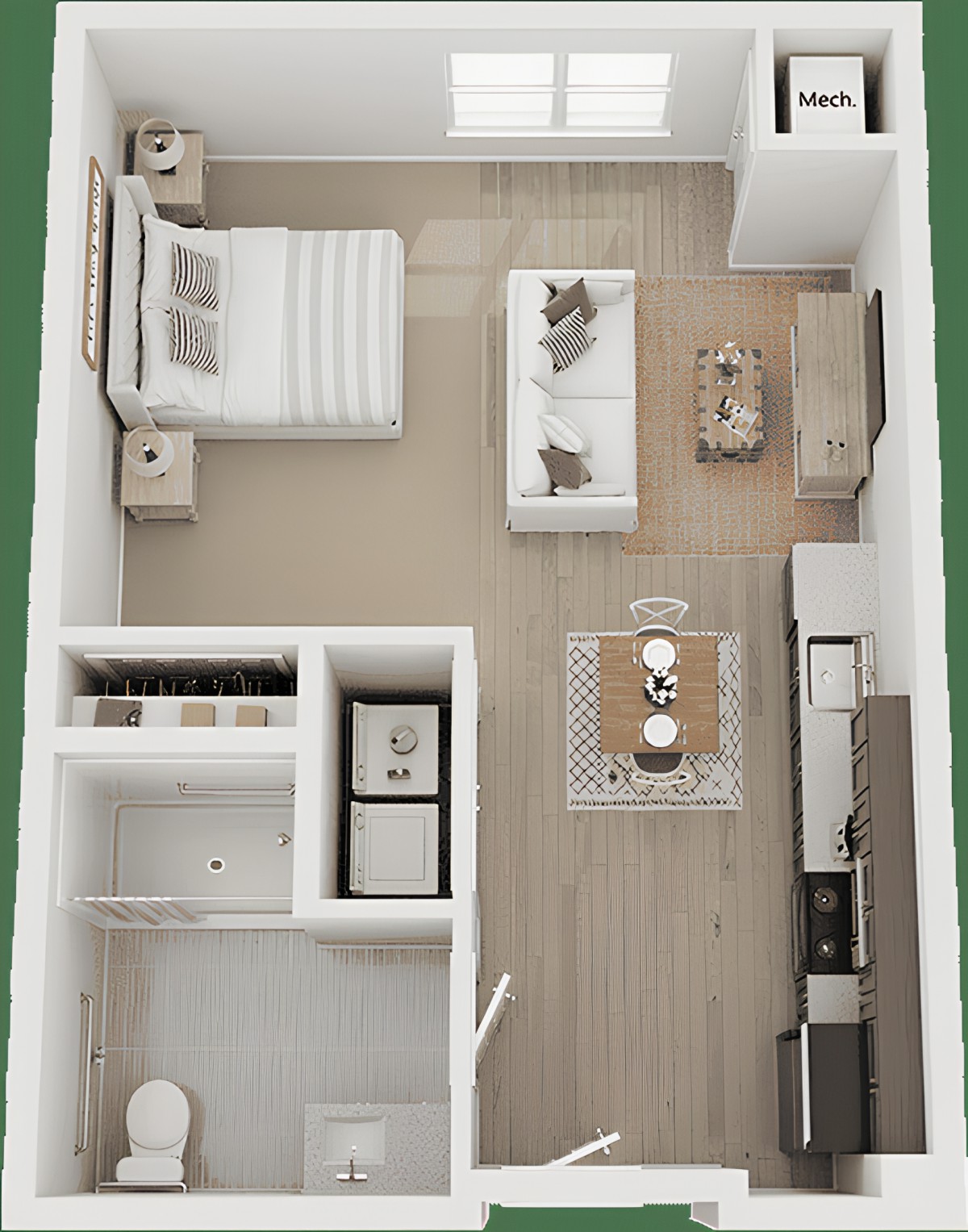 A minimalist studio apartment floor plan with an open layout featuring a bedroom, kitchen, and living area.