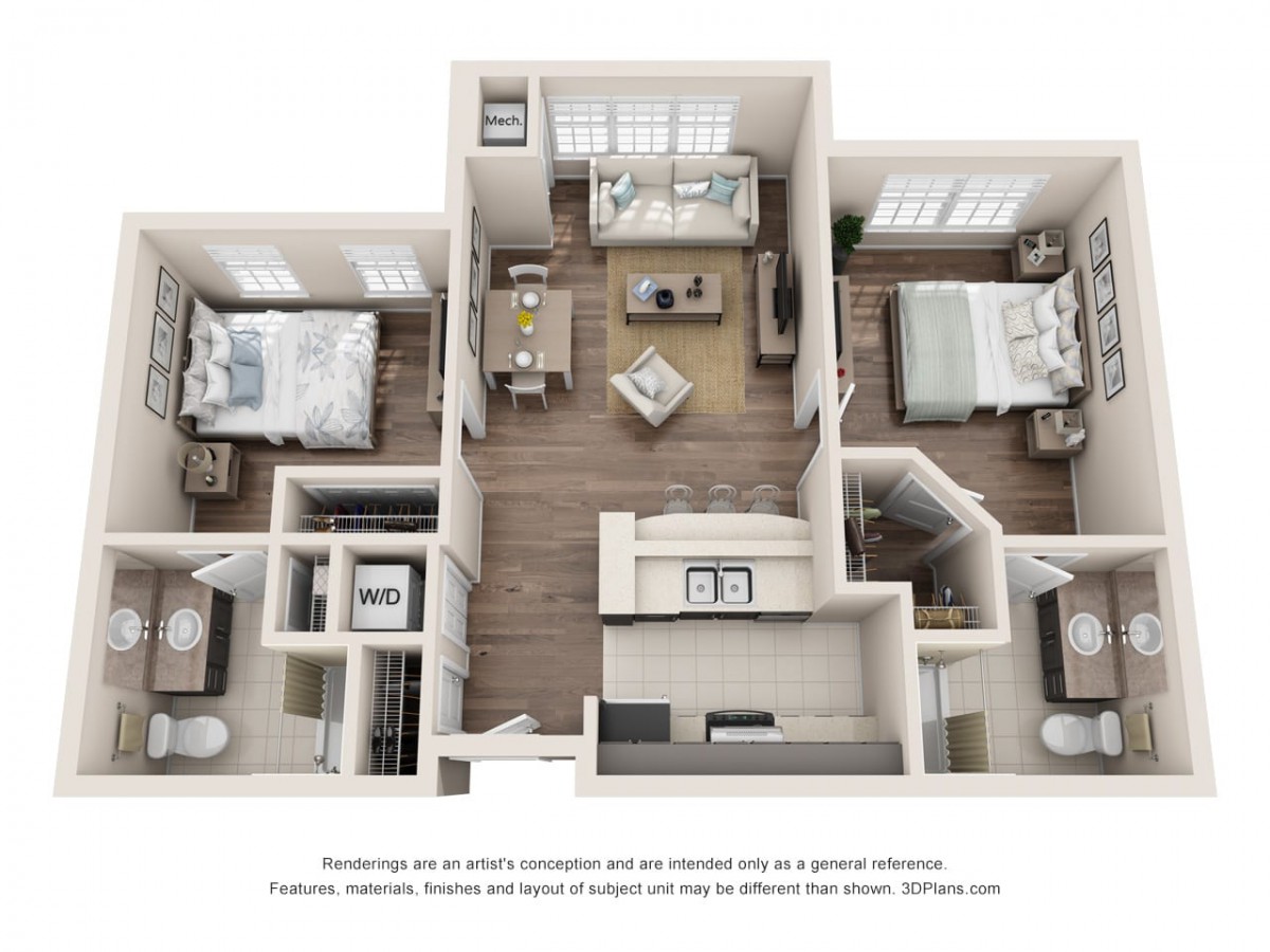 A detailed floor plan of a two-bedroom apartment with labeled rooms including a kitchen, living room, and bathrooms.