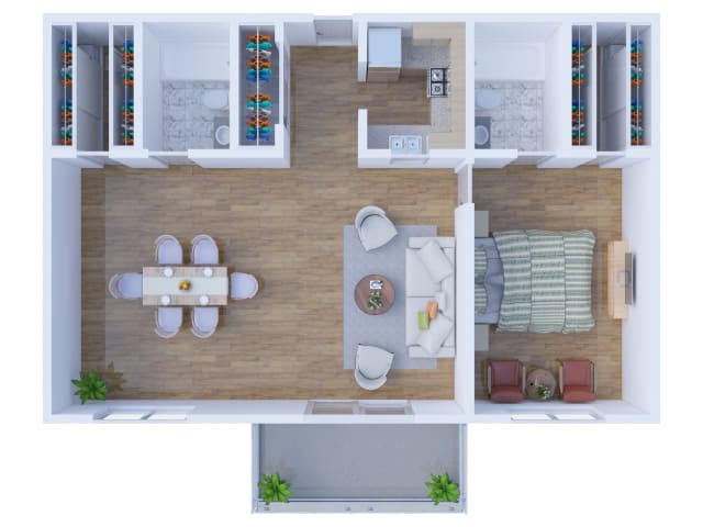 A detailed floor plan of a residential apartment showcasing the layout and arrangement of rooms and furniture.