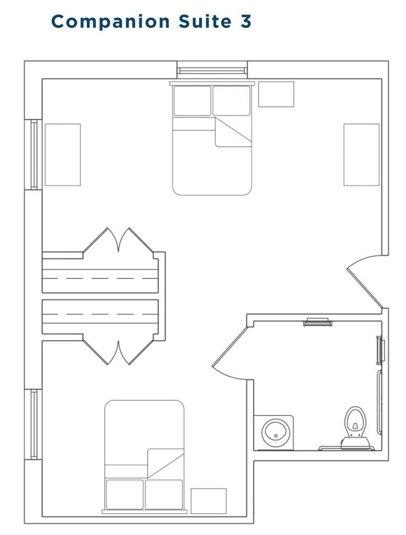 A floor plan featuring a bedroom with a bed and a wardrobe, adjacent to a bathroom.