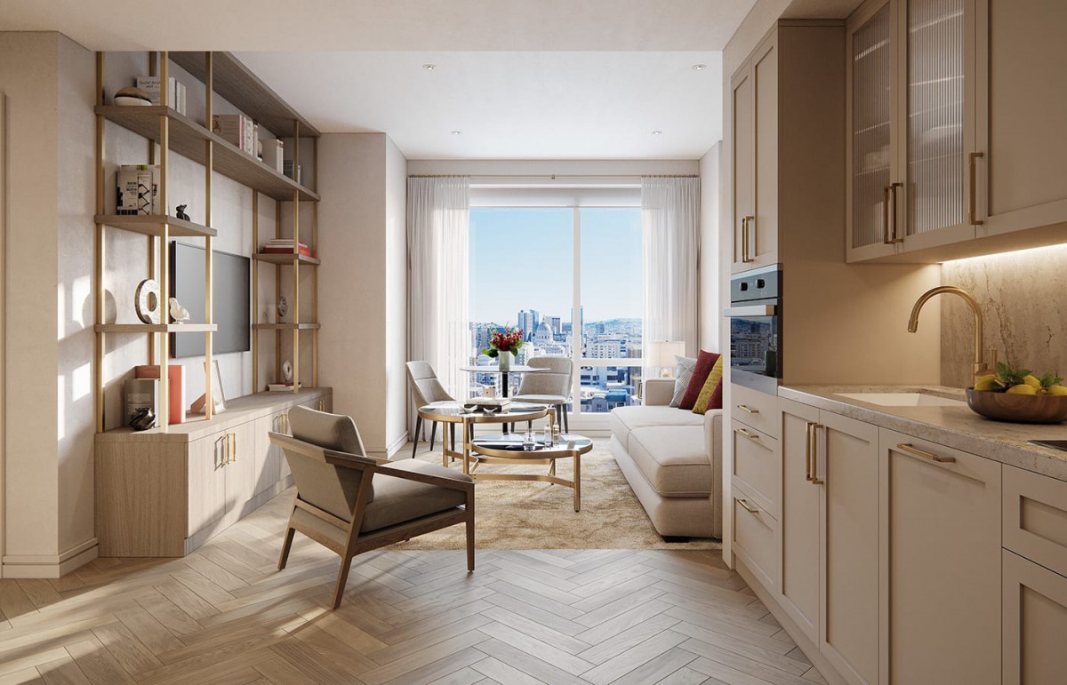 A modern apartment living room with natural light and a city view.