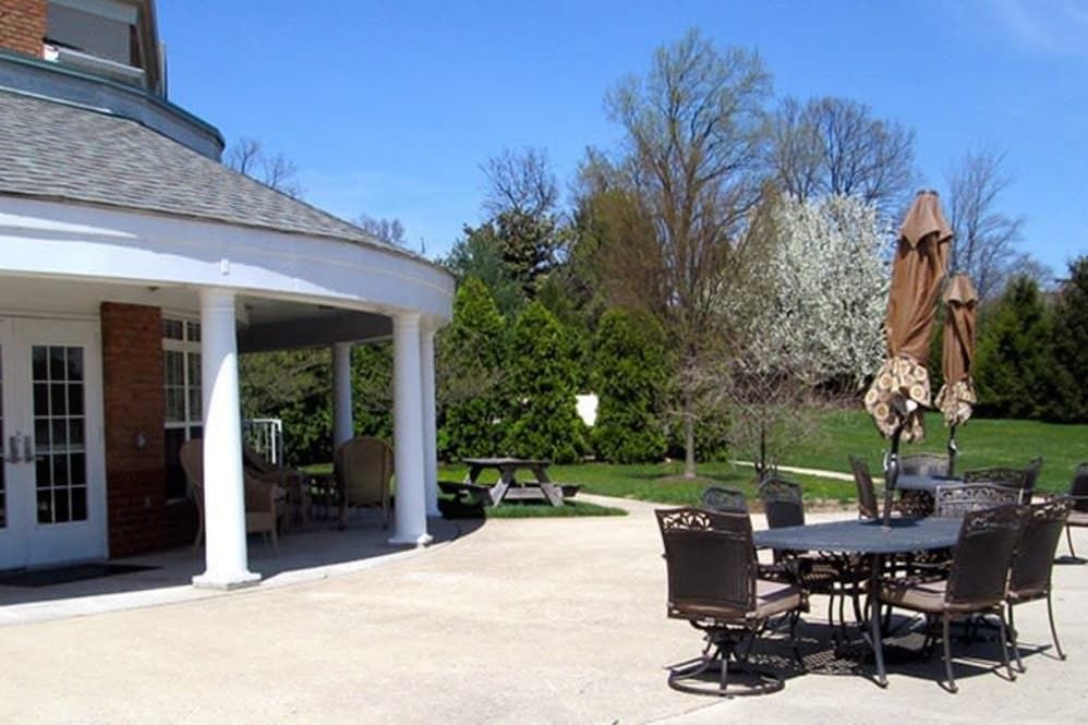 A sunny outdoor patio with chairs and tables surrounded by greenery.