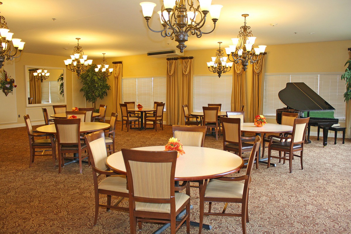A well-lit dining area with round tables, comfortable chairs, chandeliers, and decorative plants.