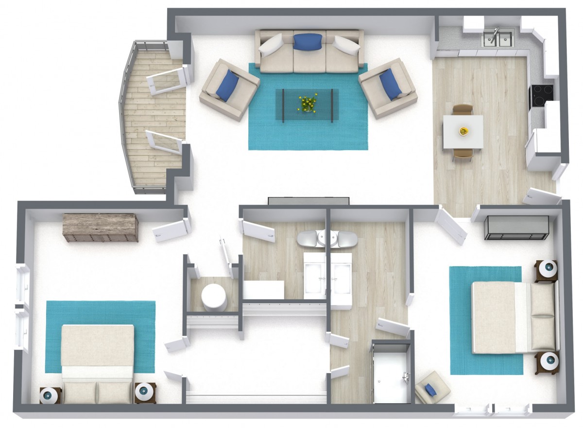 A detailed floor plan of a modern apartment, showcasing different living spaces and their arrangement.