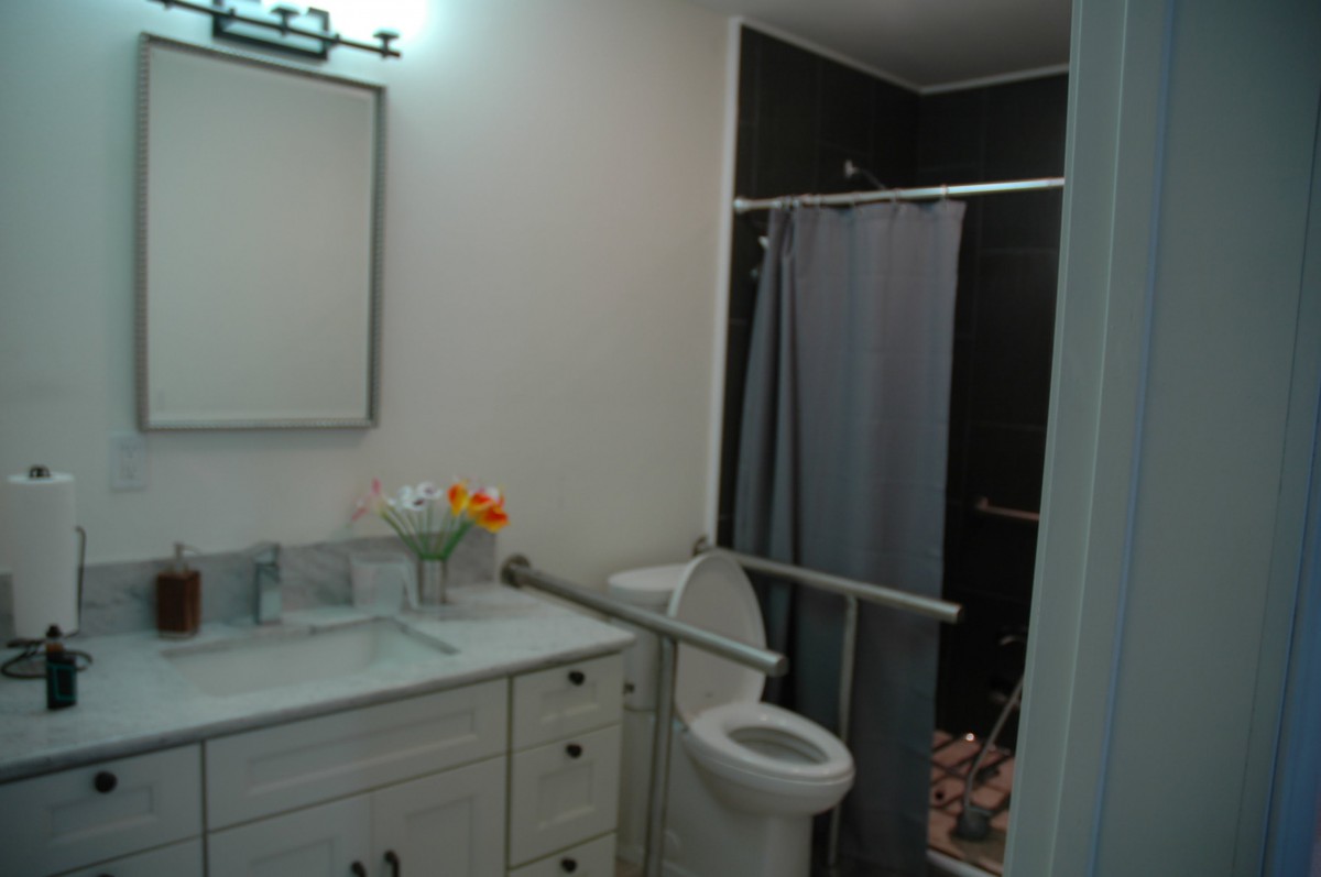 Modern bathroom with accessible features and floral decor.