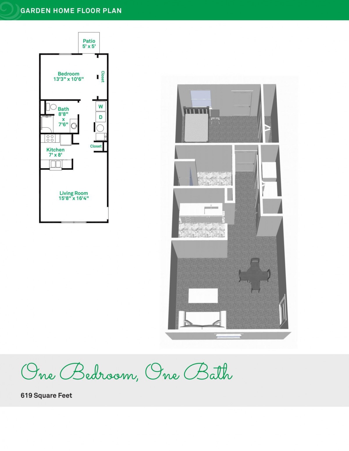 3D Floor Plan of a One Bedroom, One Bath Apartment