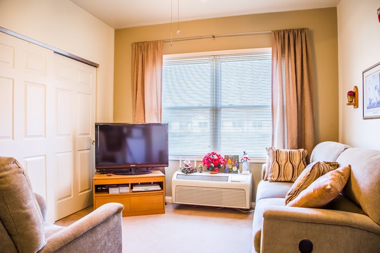A cozy living room featuring a sofa, television, and large window with curtains.