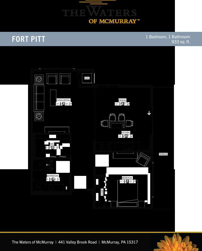 A floor plan of a two-bedroom apartment layout, including a living room, kitchen, and bathroom.