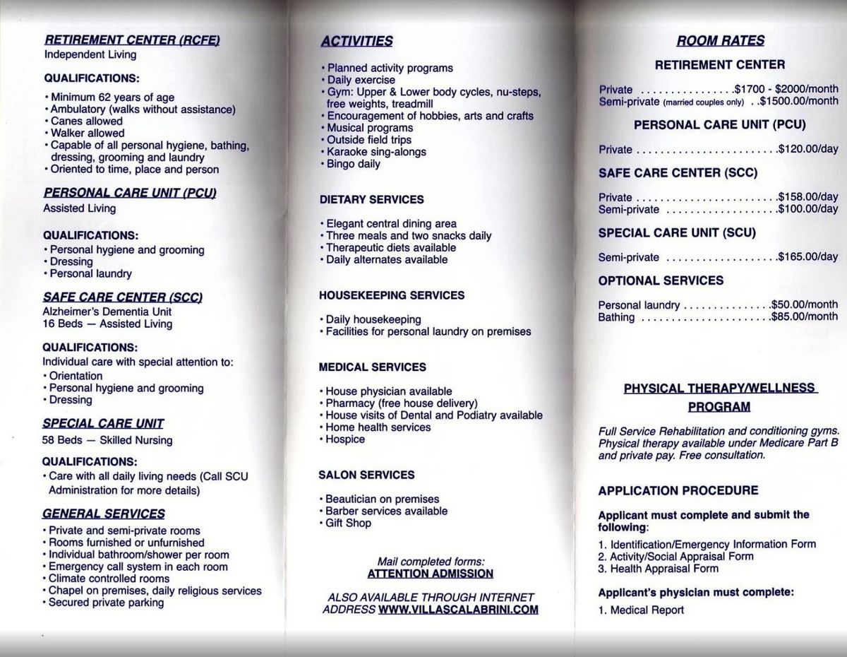 Brochure detailing senior living services, activities, and medical procedures.