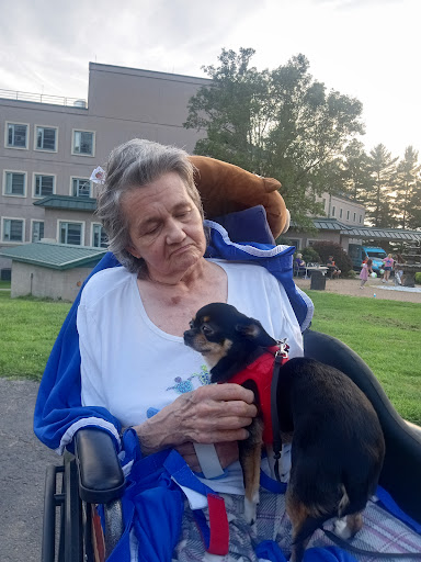 An elderly woman enjoys a moment of affection with her small Chihuahua in a park.