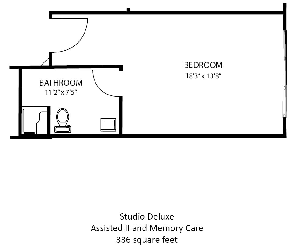 Studio Deluxe floor plan for assisted living and memory care with a size of 330 square feet.