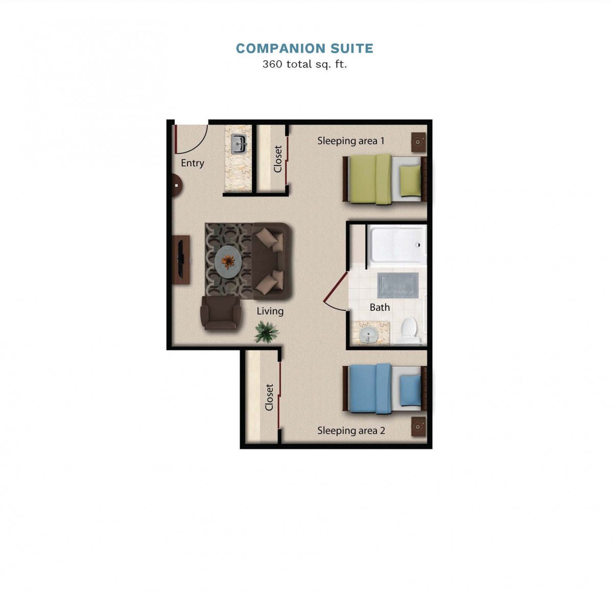 A compact two-bedroom suite floor plan with labeled rooms.