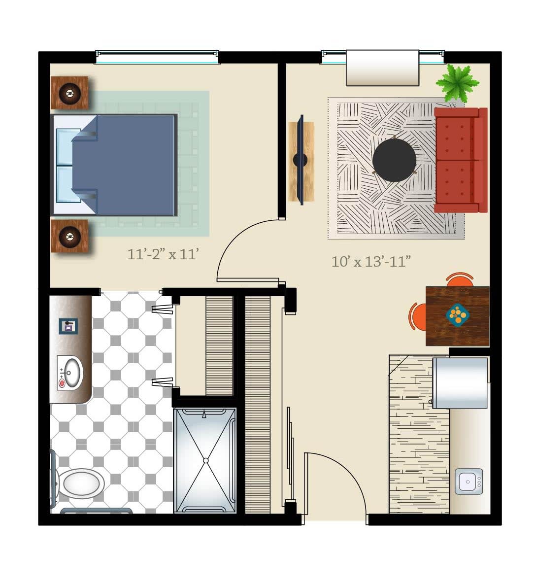 A simple floor plan of a small apartment with a bedroom, living room, kitchen, and bathroom.